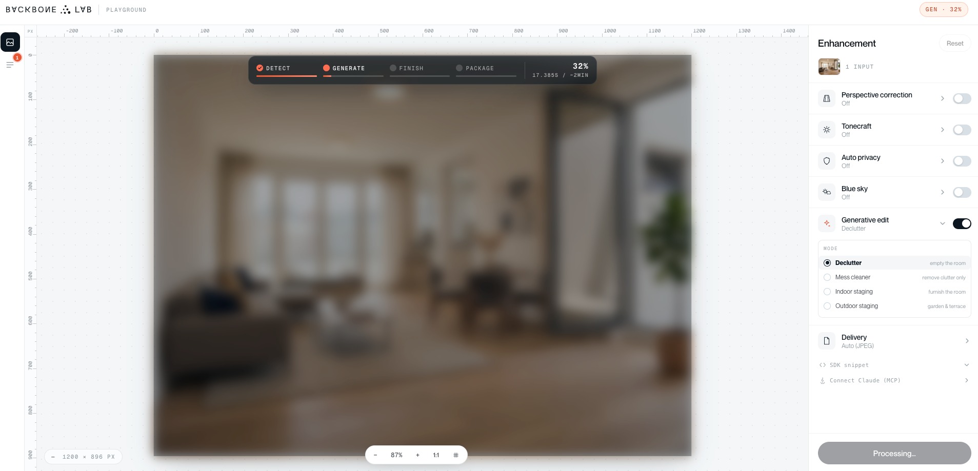 The studio panel: the detect, generate, finish and package pipeline running across a property photo, with enhancement models down the right rail and Generative edit open on its four modes